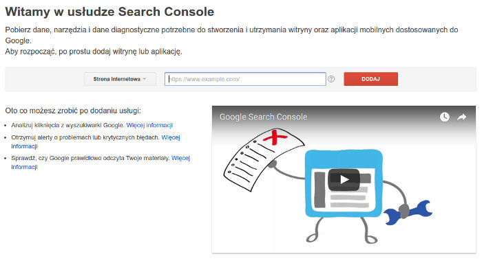 Strona powitalna w Search Console.
